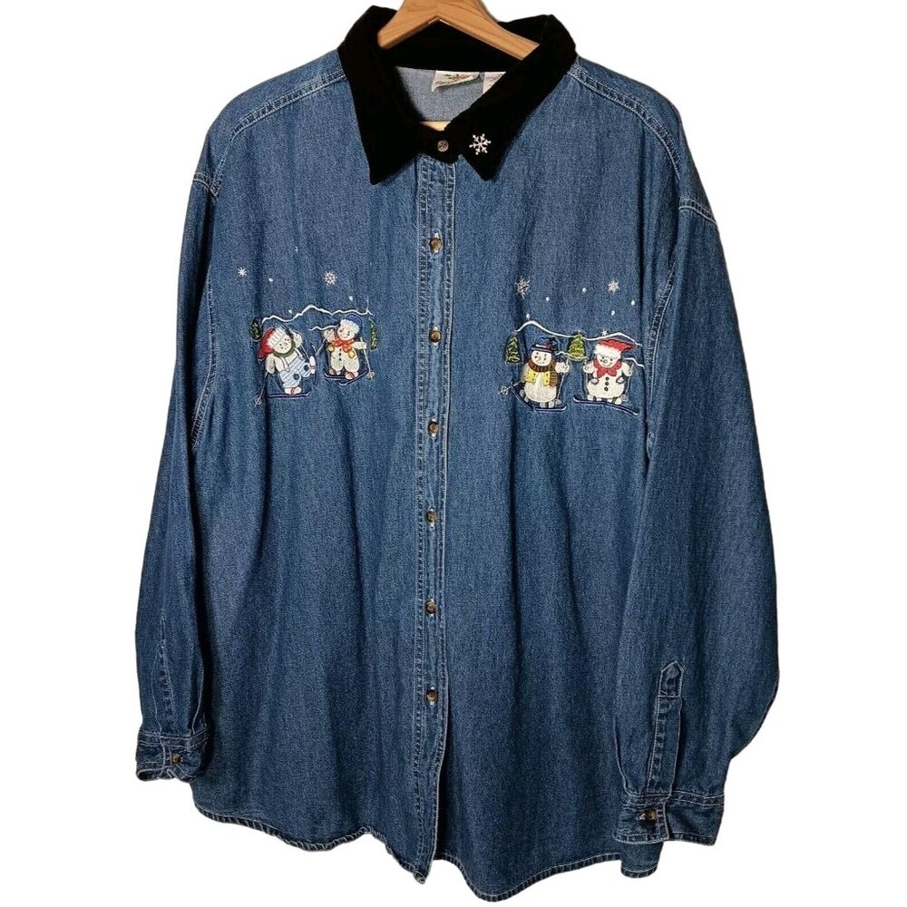 Nutcracker Plus Size Shirt 24W Blue Chambray Holiday Snowman Ski Snow Tree WS19
